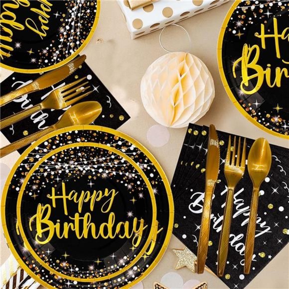 birthday plates and napkins party supplies - (Total 169pcs) balck gold birthday - Picture 3 of 6